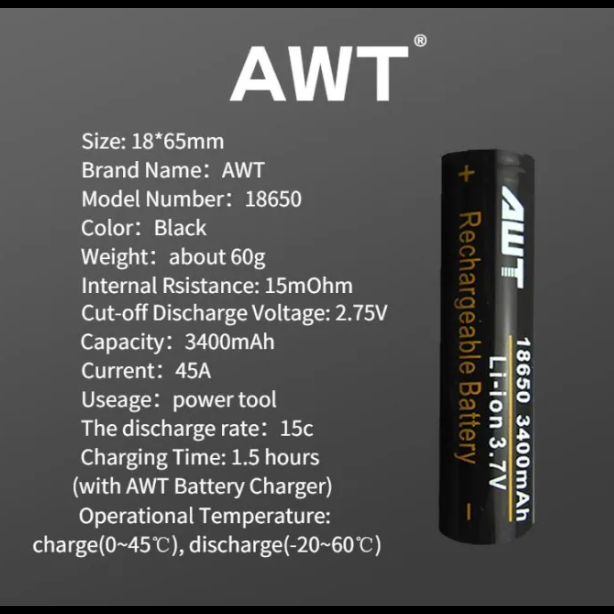 AWT 18650 3400 mAh 3.7V (Pack of 2)